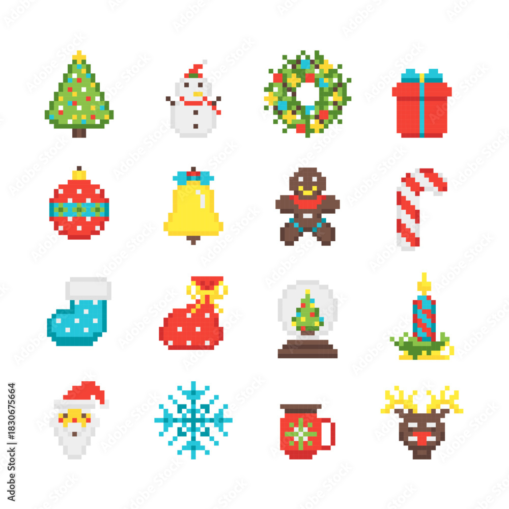 Naklejka premium Cartoon Color Pixelated 8 Bit Christmas Elements Set of Tree, Gingerbread Man, Snowman and Snowflake. Vector illustration of Pixel Art