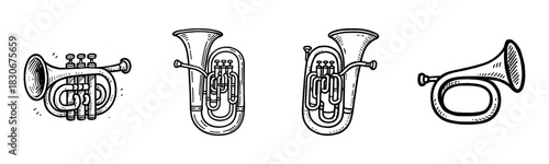 Illustration of various brass instruments: trumpet, euphonium, and bugle variants