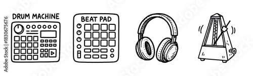 Hand-drawn music equipment: drum machine, beat pad, headphones, metronome