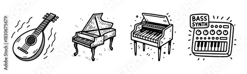 Illustrated instruments: guitar, piano, synth - black and white sketch