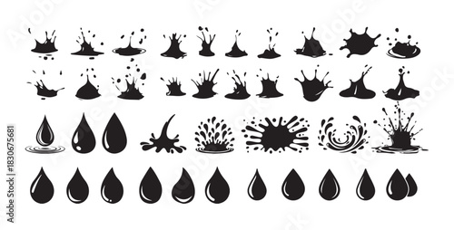Compilation of black liquid splatters and water drops on white background. Ink splash set.