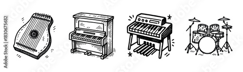 Hand-drawn musical instruments: lyre, piano, keyboard, drums illustration in black and white