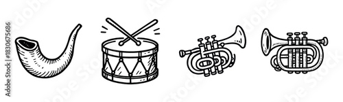 Collection of musical instruments: horn, drum, and trumpets in black and white illustration