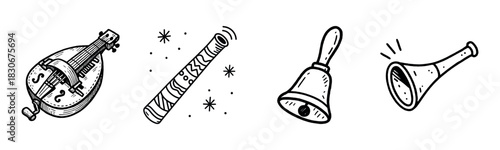 Illustrated mandolin flute bell and horn in monochrome