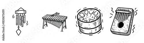 Black and white illustrations of musical instruments: chimes, xylophone, drum, kalimba