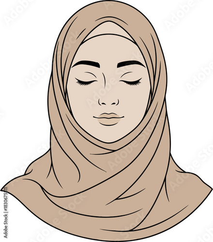Illustration of a serene young Muslim woman wearing a beige hijab with her eyes closed, depicting peace and contemplation.