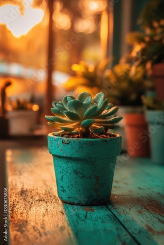 Teal Potted Succulent On Wooden Table With Warm Light