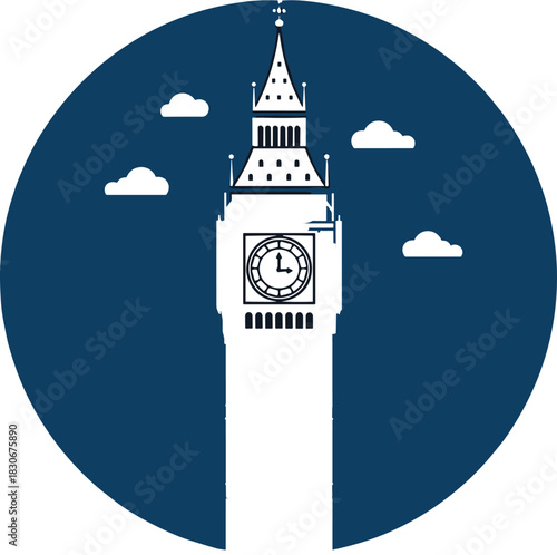 Big Ben London Clock Tower Flat Vector Illustration, Westminster Landmark at Night, Famous UK Travel Destination, British Architecture Symbol on Dark Blue.