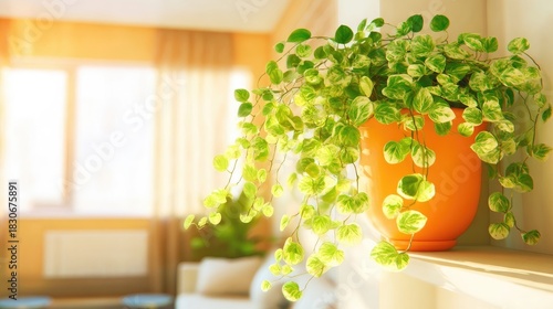 Orange Potted Hanging Plant On Shelf In Bright Room