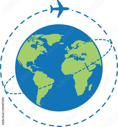 Airplane Flying Around the Earth Vector, Global Travel and Tourism Concept, Worldwide Trip and International Transport Symbol, World Tour Flat Illustration.