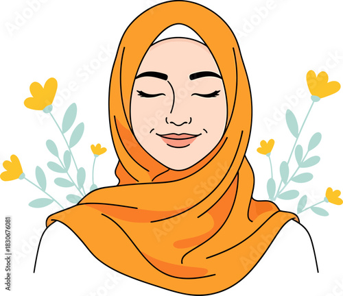 An illustration of a serene Muslim woman wearing an orange hijab, smiling gently with closed eyes, surrounded by yellow flowers.