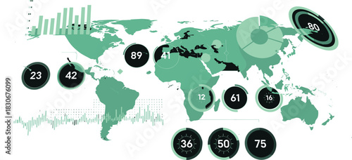 Global Business World Map Infographic Data Visualization Elements Pie Charts Bars Digital Report Big Data Analysis Technology.