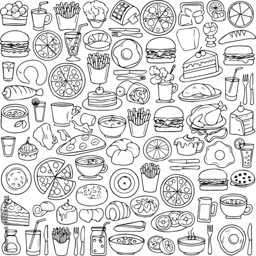 Hand Drawn Food Pattern with Burgers Fries Pizza and Drinks