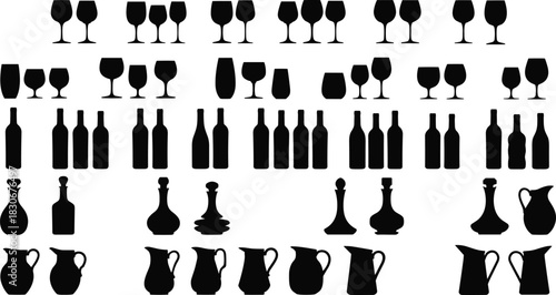 Black Silhouette Collection of Wine and Drink Glasses, Bottles, Decanters, and Pitchers, Representing Bar, Restaurant, Liquor, and Beverage Concepts
