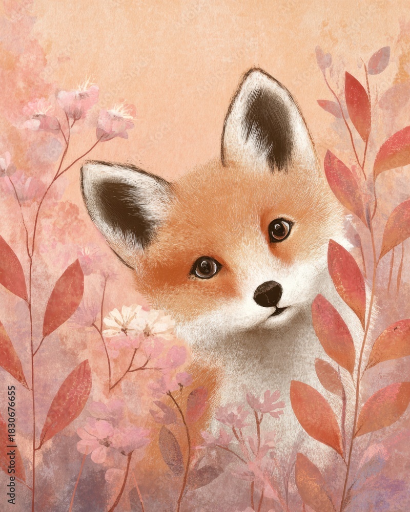 Obraz premium A cute fox peeks through soft, pink leaves and flowers in a charming, pastel-colored illustration.