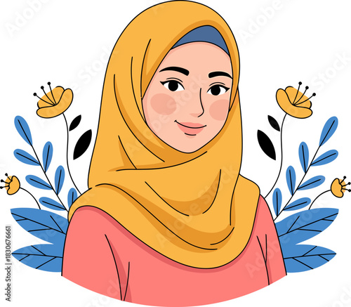 A beautiful illustration of a smiling Muslim woman wearing a yellow hijab, framed by blue leaves and yellow flowers.