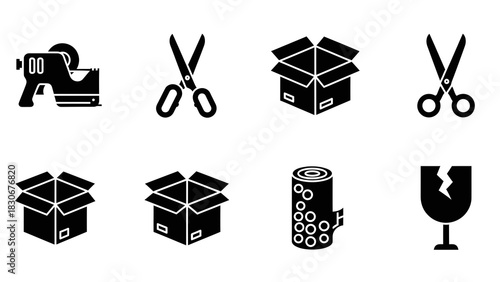 3D metal vector icon set featuring cardboard containers, gift boxes, and home business symbols for web design