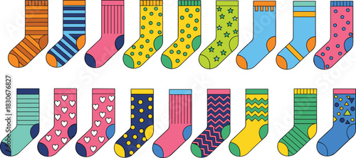 Mega Colorful Patterned Socks Vector Set Featuring Stripes, Polka Dots, Hearts, Stars, Zigzags, and Geometric Shapes for Fun Fashion Apparel Illustration.