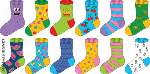 Mega Colorful Novelty Socks Vector Set Featuring Stripes, Polka Dots, Cherries, Watermelon, Flowers, and Funny Cartoon Face for Apparel Illustration.