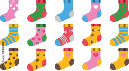 Mega Colorful Patterned Socks Vector Set Featuring Hearts, Stripes, Polka Dots, and Snowflake Designs for Winter Fashion, Apparel, and Comfort Illustration.