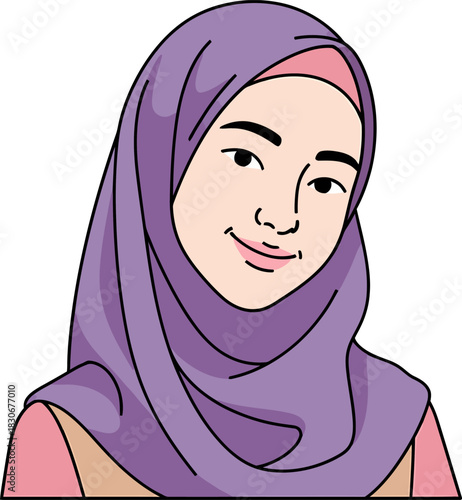 An illustration of a smiling young woman wearing a purple hijab and a pink underscarf, looking gently towards the viewer.