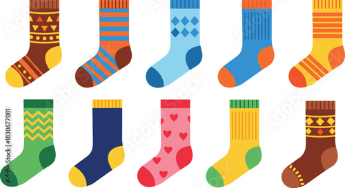 Colorful Patterned Socks Vector Set Featuring Stripes, Hearts, Argyle, and Geometric Designs in Bright and Warm Colors for Fashion Apparel.