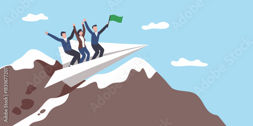 Business team flying paper airplane over mountains reaching goals together