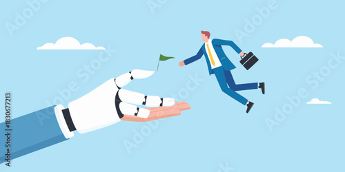 Businessman leaping to opportunity offered by robot hand in cloudy sky