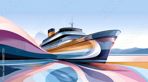 Fototapeta Naklejka Na Ścianę i Meble -  Illustration of a cruise ship sailing on water with abstract colorful waves and a clear blue sky, creating a sense of travel and adventure.