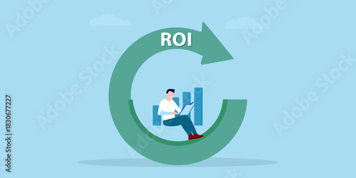 Man analyzing roi on laptop with growing chart background