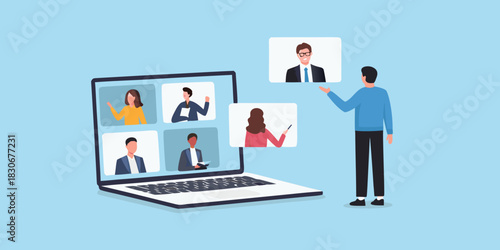 Virtual meeting illustration with laptop and man presenting to colleagues online