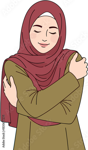 A woman in a hijab embraces herself with eyes closed, showing self-love and contentment.