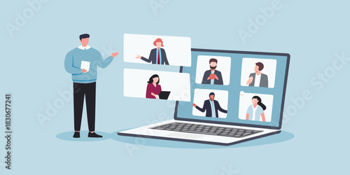 Online meeting presentation with diverse team members on laptop screen