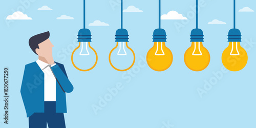 Man contemplating ideas represented by light bulbs some not yet fully lit