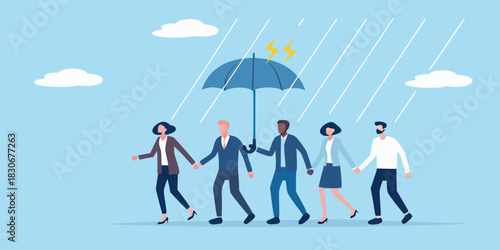 Diverse team protected from crisis represented by umbrella and lightning bolts