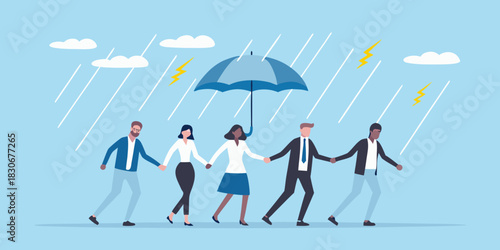 Business team walking together under umbrella in stormy weather for protection