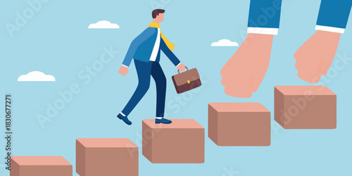 Businessman climbing steps with help career growth and support concept illustration