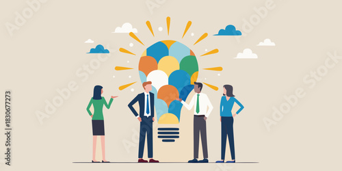 Diverse team brainstorming for creative idea lightbulb made of colorful shapes