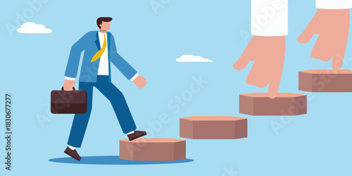 Businessman climbing steps guided by mentorship for career growth