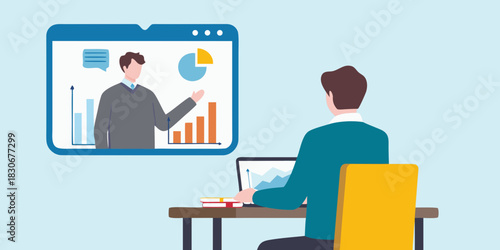 Man attending online business meeting or webinar from home office