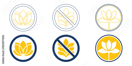 Set of lotus flower icons in outline and filled styles with allowed and prohibited variations, representing wellness, restriction signs, and floral symbols