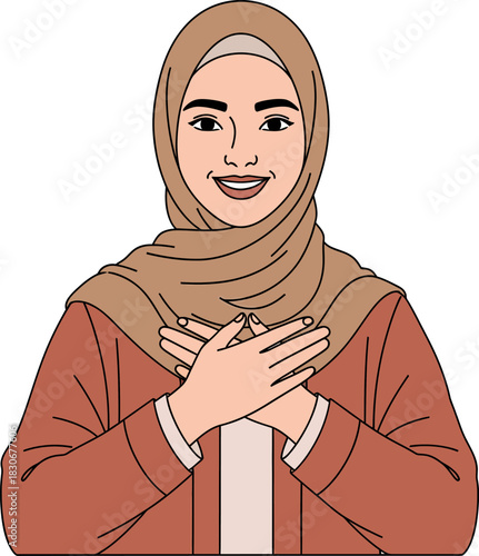 Smiling Muslim woman wearing a hijab, hands crossed over her chest in a gesture of gratitude or respect.