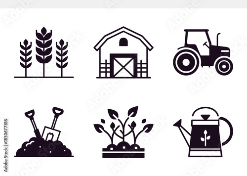 A collection of agriculture and farming icons, featuring wheat, barn, tractor, gardening tools, growing plants, and watering can, illustrating essential elements of rural life and cultivation