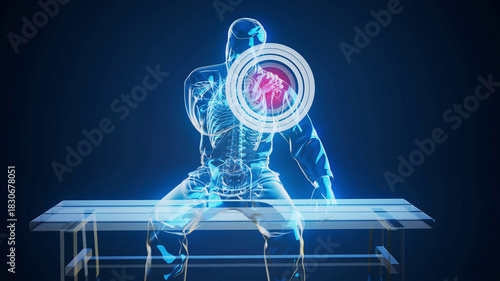 Conceptual 3D illustration of a karateka with shoulder pain