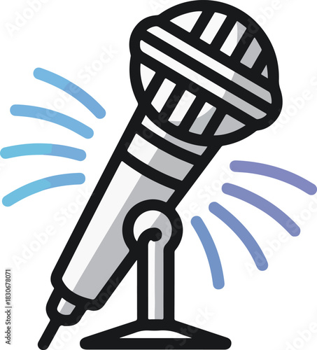 Microphone vector icon with sound waves on a stand for audio recording and live performance