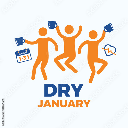 Dry January challenge poster vector illustration. Alcohol-Free for 31 Days sign. Dancing party people simple icon set. Stylized happy person symbol. Template for background, banner, card