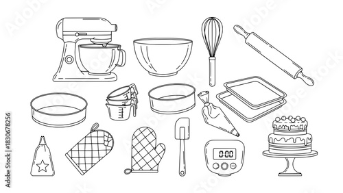 A collection of 15 detailed black outline illustrations of various baking tools and cake decorating items, presented on a plain white background in a scattered arrangement.
