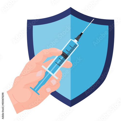 Hand holding medical syringe for vaccination in front of protective shield