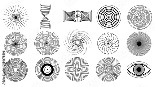 Collection of 15 Diverse Abstract Geometric and Organic Line Art Icons. Features Spirals, DNA, Mandalas, and Optical Illusions in a Minimalist Black and White Style, Arranged in a Grid.