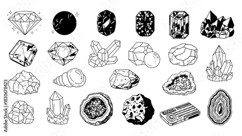 A Collection of 24 Black and White Mineral, Gemstone, Rock, and Icon Illustrations in Flat Line Art and Solid Fill Styles